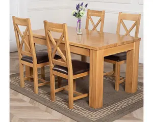 Dakota 152 x 87 cm Chunky Medium Oak Dining Table and 4 Chairs Dining Set with Berkeley Brown Leather Chairs