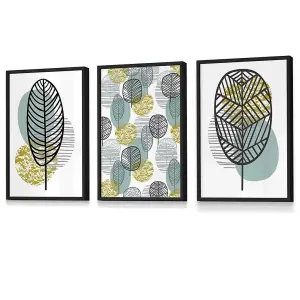 Set of 3 Mid Century Floral Pattern in Yellow and Blue Wall Art Prints / 30x42cm (A3) / Black Frame