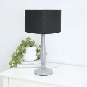 ValueLights Victoria Traditional Grey Wood Candlestick Table Lamp with Black Drum Shade - LED Bulb Included