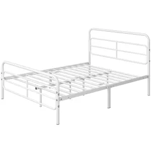 Yaheetech White 4ft6 Double Metal Bed Frame with Geometric Patterned Headboard and Footboard