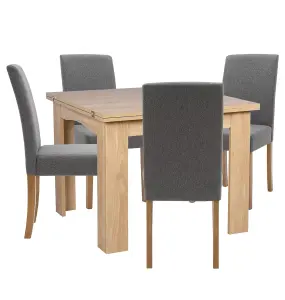 Hallowood Furniture Newquay Oak Flip Top Extending Table with 4 Upholstered Chairs in Grey Fabric