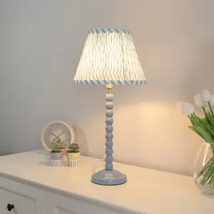 ValueLights Bobbles Powder Blue Bobbin Table Lamp with Green Arrow Pleated Shade