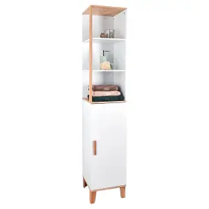 Showerdrape Catania Matt White & Bamboo Tall Bathroom Cabinet with Display Shelves