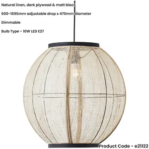 Hanging Ceiling Pendant Light - Large Natural Linen Dark Plywood & Matt Black - 10W LED E27