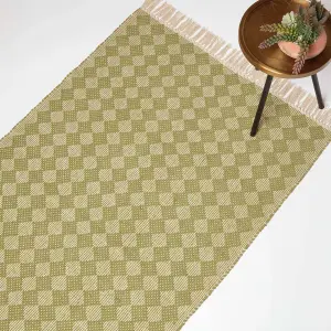 Homescapes Lima Handwoven Green Cotton Textured Rug, 90 x 150 cm