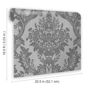 Boutique Baroque Grey Glitter effect Damask Textured Wallpaper