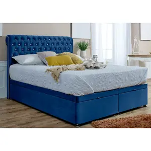 Santino Divan Ottoman Plush Bed Frame With Chesterfield Headboard - Blue