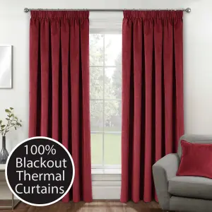 Luxury Enhanced Living Red Velvet, Supersoft, 100% Blackout, Thermal Pair of Curtains with Tape Top - 46 x 54 inch (117x137cm)