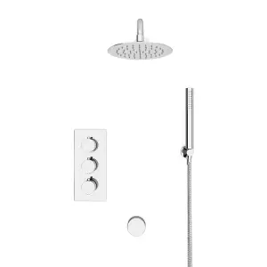 Flora Round 3 Way Concealed Thermostatic Shower Mixer Valve, Shower Head, Handset, Bath Filler Set Chrome