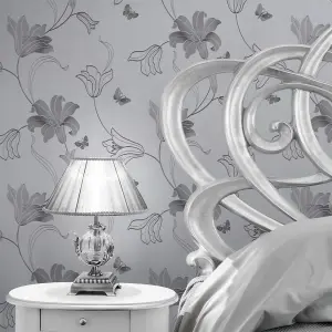 Muriva Silver Floral Metallic effect Embossed Wallpaper