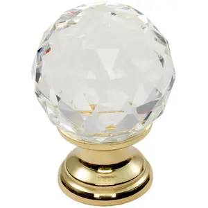 Faceted Crystal Cupboard Door Knob 40mm Dia Polished Brass Cabinet Handle