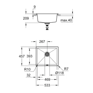 Grohe K700U Granite Black Anthracite effect Composite quartz 1 Bowl Kitchen sink 457mm x 533mm