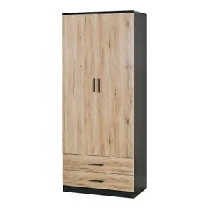 URBNLIVING 180cm Tall Wooden 2 Door Wardrobe Black Carcass and Oak Drawers With 2 Drawers Bedroom Storage Hanging Bar Clothes