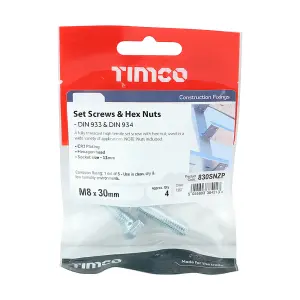 Timco - Set Screws & Hex Nuts - Grade 8.8 - Zinc (Size M8 x 30 - 4 Pieces)