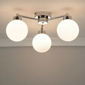 ValueLights Jonah 3 Way Brushed Chrome Ceiling Light Fitting with Globe Shades for Living Room Hallway - LED Bulbs Included