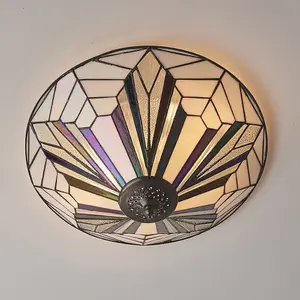 Tiffany Glass Semi-Flush Ceiling Light - Art Deco Round Inverted Shade - i00033