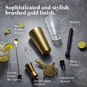 VonShef Cocktail Shaker Set Gold, 550ml Boston Shaker, 6pc Bartender Kit for Home Bar - Strainer, Muddler, Jigger & Gift Box