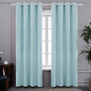 Deconovo Eyelet Blackout Curtains, Thermal Silver Wave Line Foil Printed Curtains for Windows, 52 x 72 Inch, Sky Blue, One Pair