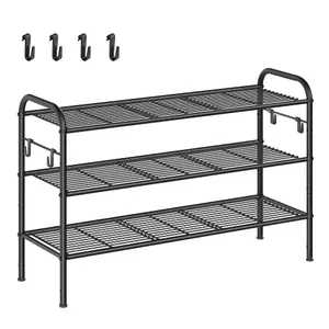 SONGMICS Shoe Rack, 3-Tier Shoe Organizer, Metal Shoe Shelf Storage with 4 Side Hooks, Holds 15 Pairs of Shoes