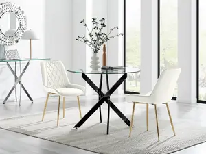 Furniturebox UK Novara 100cm Round Black Leg Dining Table & 2 Cream Pesaro Gold Leg Chairs