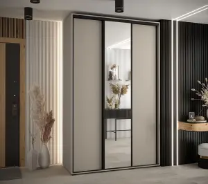 Dakota III Sleek Cashmere Sliding Door Wardrobe 1600mm H2350mm D600mm - Three Doors, One Mirrored, Two Hanging Rails, Six Shelves