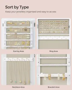 SONGMICS Mirror Jewellery Cabinet Armoire, Full-Length Mirror, Lockable Jewellery Organiser, White Surface and Beige Lining