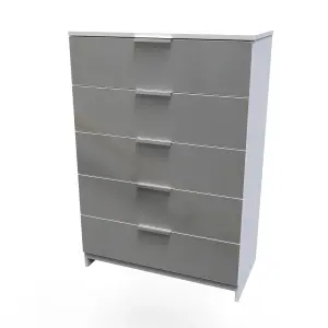 Poole 5 Drawer Chest in Uniform Grey Gloss & White (Ready Assembled)