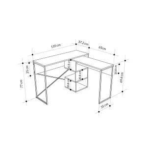 Decortie Modern Badau L-Shaped Computer Desk Oak Black Metal Legs 3 Adjustable Storage Shelf Extra Table 110cm(W) Work PC Office