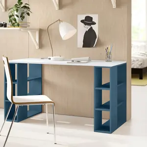 Simone Modern Desk with Built-in Bookcase – Stylish Workspace Desk with 6 Open Shelves Turquoise / White