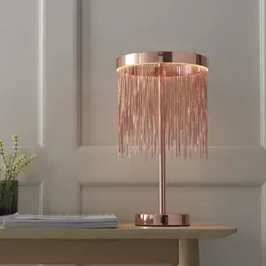 2 PACK Brushed Copper Table Lamp & Waterfall Chain Shade - Integrated LED Module