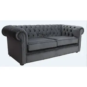 Chesterfield 3 Seater Sofa Amalfi Anthracite Black Velvet Fabric In Classic Style