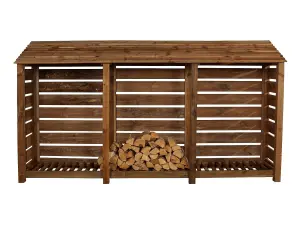 Slatted wooden log store W-335cm, H-180cm, D-88cm - brown finish