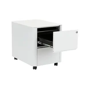 2 Drawer White Curved Metal Under Desk Mobile Pedestal Unit Filing Cabinet - Fully Assembled