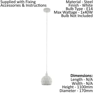 Pendant Ceiling Light Colour White Powder Coated Steel Faceted Shade Bulb E14 1x40W