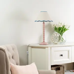 ValueLights Bobbles Rose Pink Bobbin Table Lamp with Blue Trim Scallop Shade