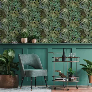 Galerie Blooming Wild Black/Grey Tropical Leaf Motif Wallpaper Roll