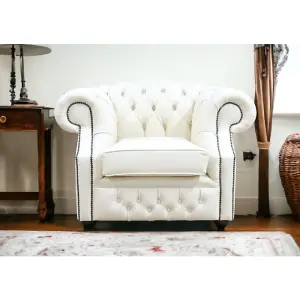 Chesterfield Club Chair Cottonseed Cream Real Leather In Buckingham Style