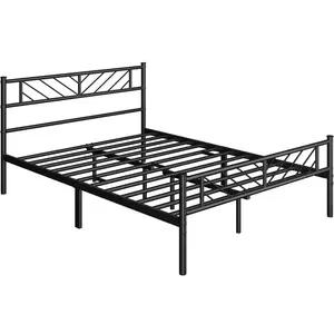 Minimalist Metal Slatted Bed Platform with Arrow Design Headboard Black / Double (4'6)