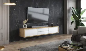 Elegant Frida 39 Floating TV Cabinet 1800mm in Oak Artisan & White - Modern Media Solution H320mm D360mm