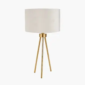 Brass Metal Tripod Table Lamp With Cream Velvet Shade