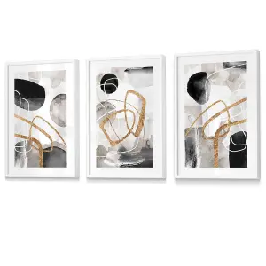 Abstract Black Grey & Gold Shapes Set of 3 Prints Wall Art / 42x59cm (A2) / White Frame