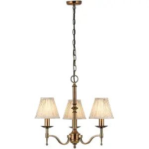 Avery Ceiling Pendant Chandelier Light 3 Lamp Antique Brass & Beige Pleat Shade