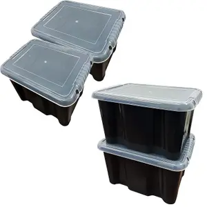 2x Stackable 24 Litre Black Plastic Storage Containers With See Through Transparent Lids For Home/Office