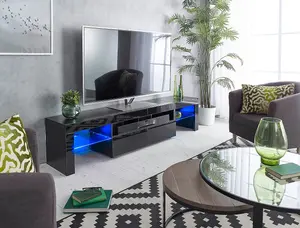 Modern Black 200cm Matt Gloss TV Stand Cabinet Suitable for 55 - 80 Inch 4K LED Flat Screen TV's Glass Shelves