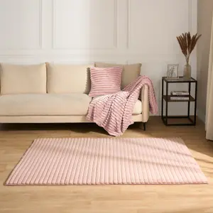 Faux Fur Rug Living Room Ribbed Large Mat Carpet, Blush - 120 x 170cm