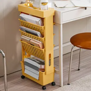 5-Tier Bookshelf Book Rack Small, Plastic Storage Trolley Cart  - Yellow