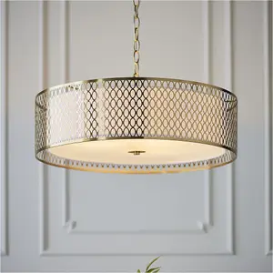 2 PACK Hanging Ceiling Pendant Light - Gold Effect Plate White Fabric & Frosted Glass - 3 X 10W LED E27