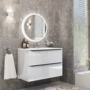 Furneo Bathroom Vanity Unit Floating Storage Basin Gloss White 2-Drawer 80cm With Matt Black Handle