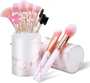 Makeup Brushes Sets Glamour Gaze 16PCS Pink Marble Make Up Brushes Foundation Eyeshadow Concealer Eyebrow Blush Brush Set With Makeup Brush Holder