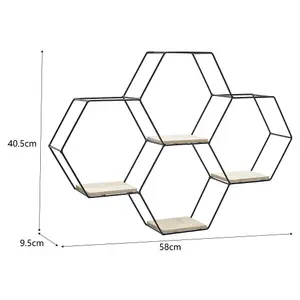 4 Compartments Modern Floating Hexagon Wall Shelf Intersecting Shelves with Iron Frame